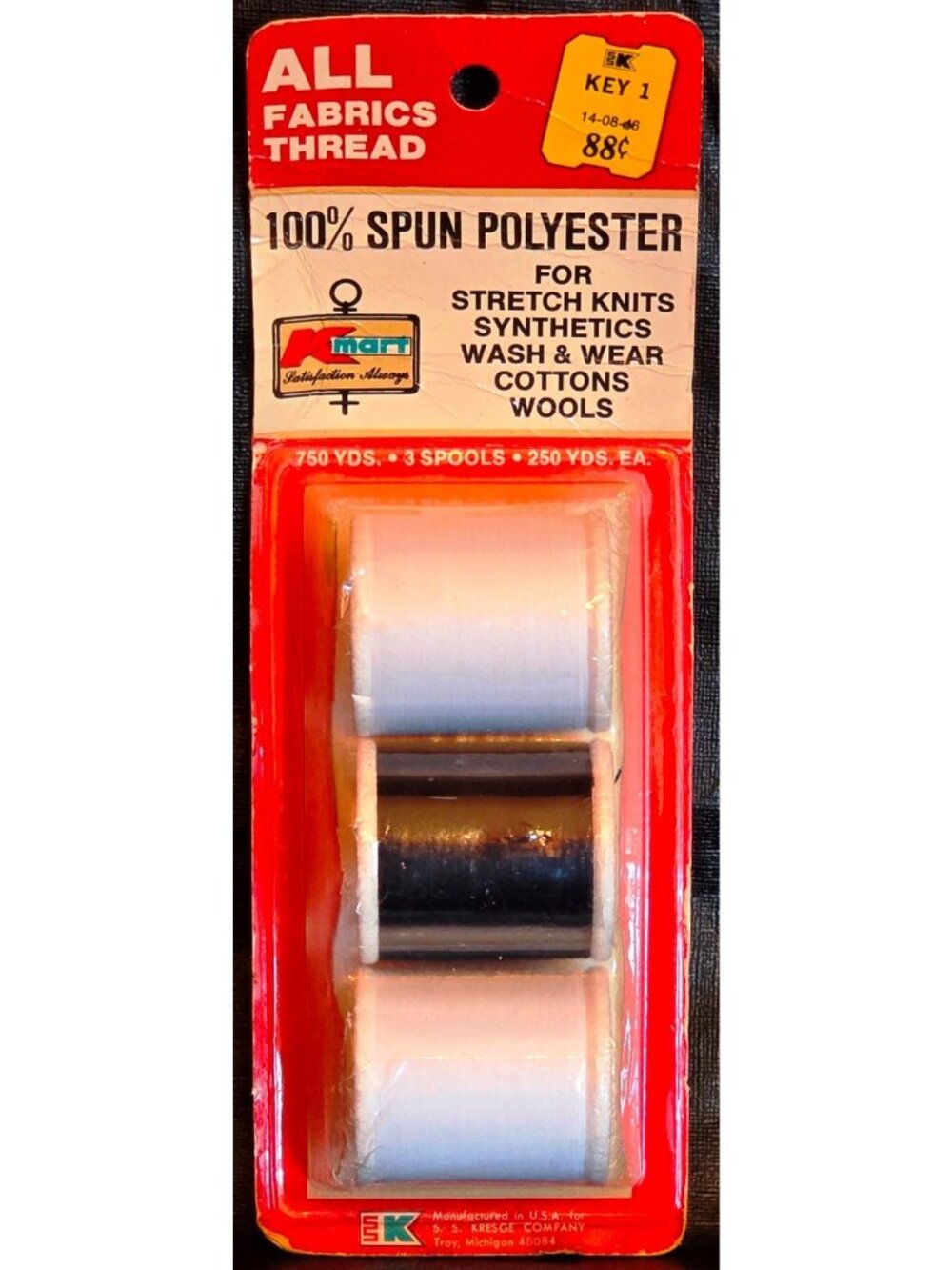 Kmart SS Kresge SEWING THREAD 3 SPOOLS black white polyester Sealed pkg Vintage